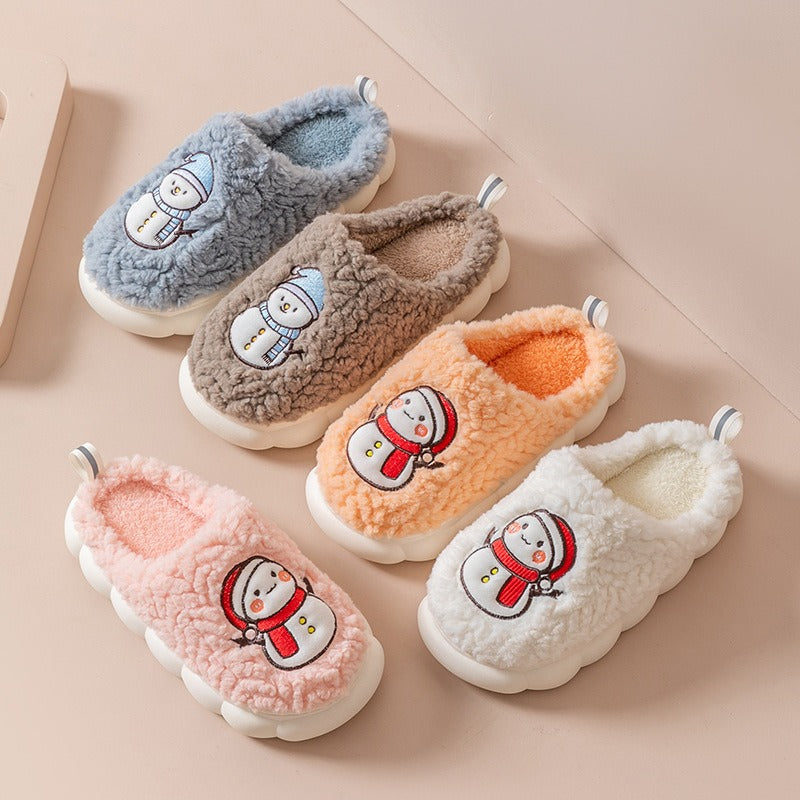 Cute Snowman Slippers Winter Indoor Household Warm Plush Thick-Soled Anti-slip Couple Home Slipper Soft Floor Bedroom House Shoe