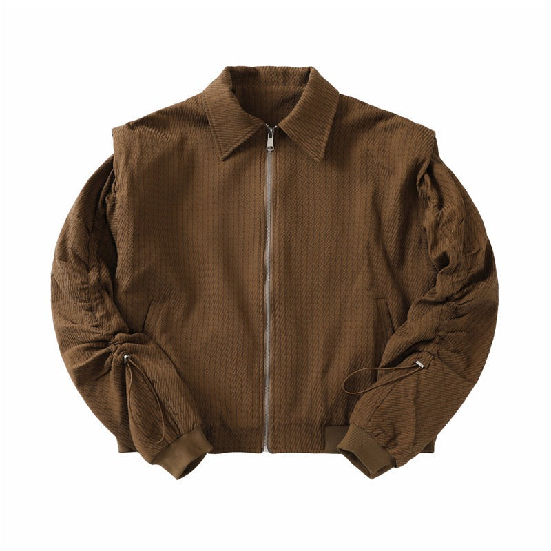 Dark print silhouette shoulder flip collar work jacket men's short loose pleated drawstring jacket jacket