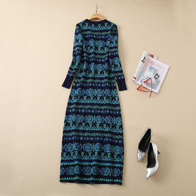 S-XXL Women Knitted Maxi Dress Vintage Bohemian Pattern Embroidery V-neck Autumn Casual Dresses