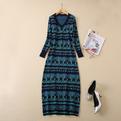 S-XXL Women Knitted Maxi Dress Vintage Bohemian Pattern Embroidery V-neck Autumn Casual Dresses